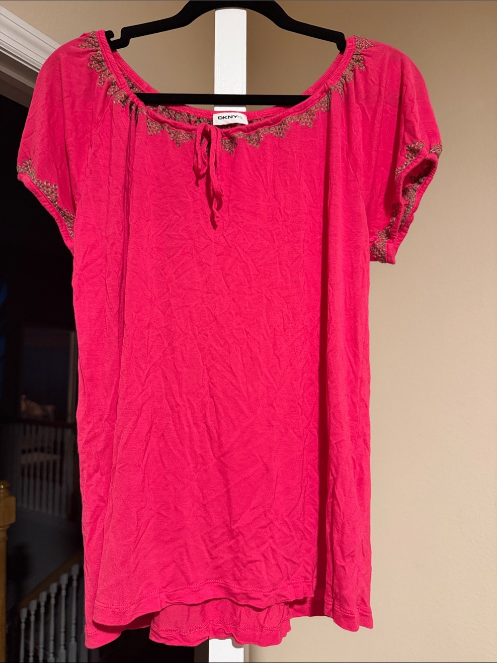 DKNY Bright Pink Scoop-Neck Tunic with Embroidered Trim